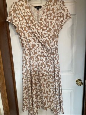 Perceptions Taupe and White Polka-Dot Wrap Midi Dress